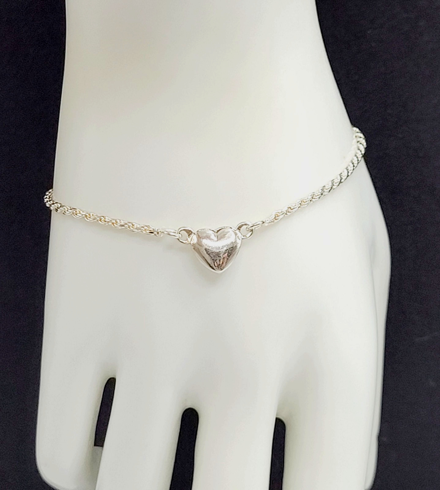 Minimalist Dainty Puffed Heart Station 925 Sterling Rope Chain Bracelet 7.25 in
