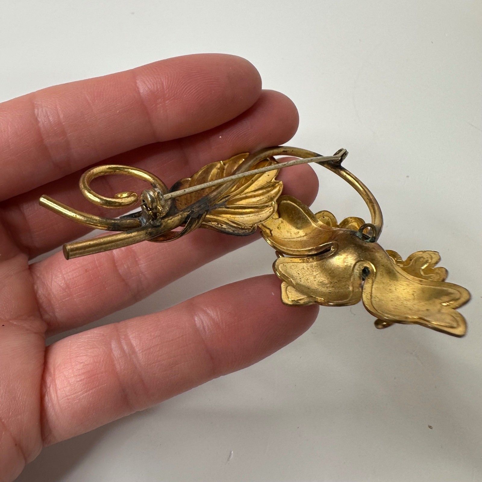 Vintage Pink Enamel Flower Brooch Gold Tone Leaf Blue Bead Pin Spring Romantic