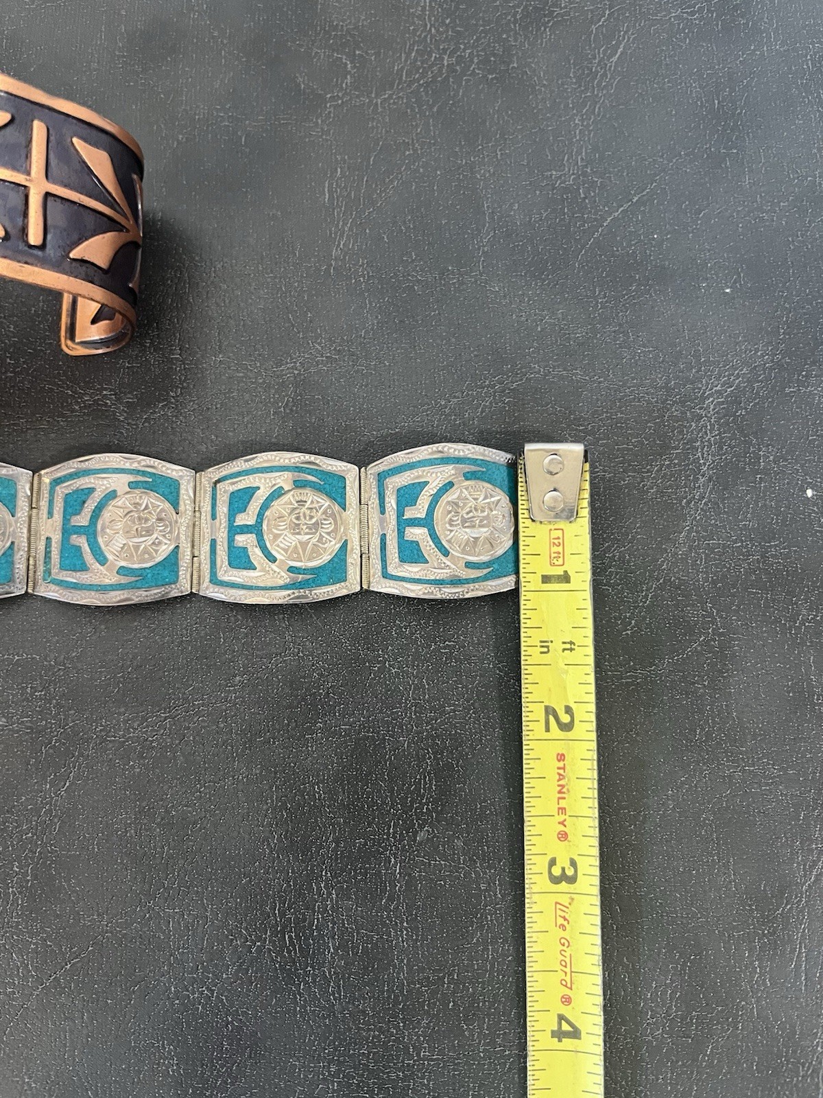 Bell Solid Copper Sterling 925 Joy Mex Turquoise Inlay Aztec Cuff Bracelet Vtg