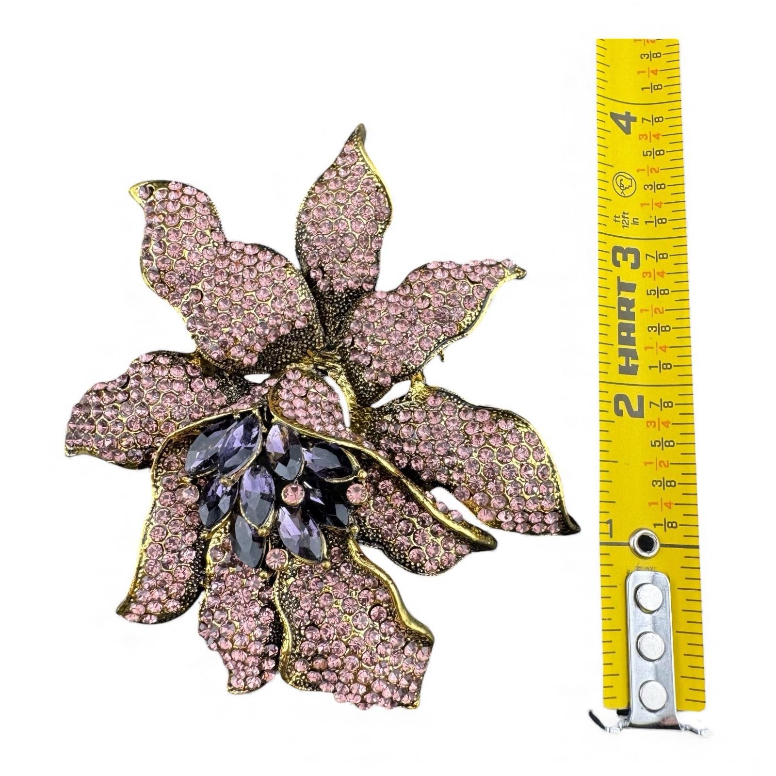Stunning Gold Tone And Purple Orchid Statement Brooch