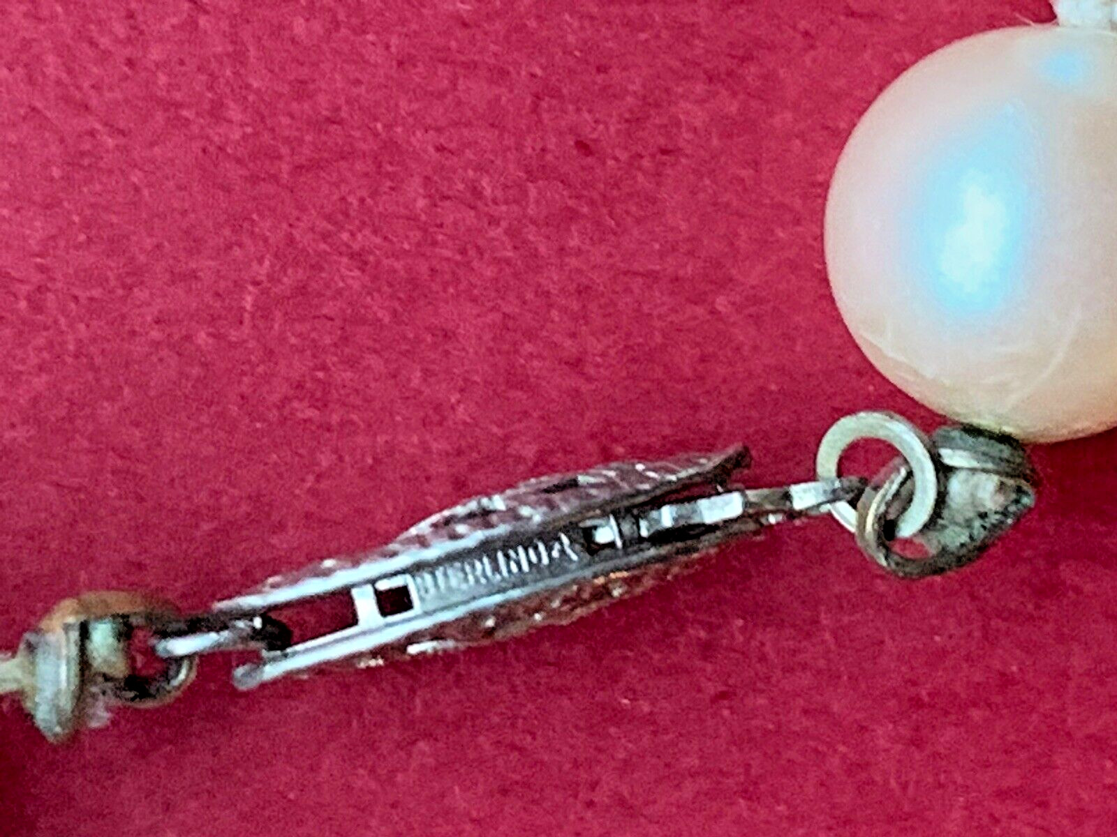 Vintage Glass Pearl Sterling Silver Fish Hook Clasp Knotted 24″ Long Necklace