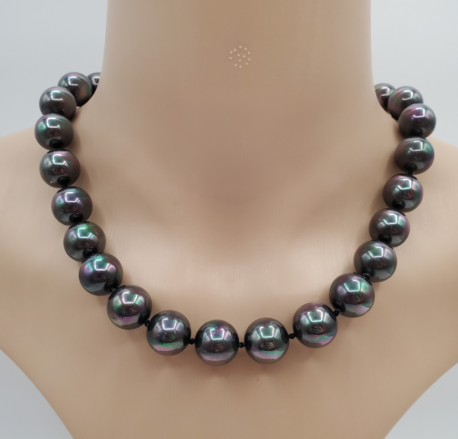 VTG 925 Vermeil Peacock Faux Pearl Necklace 12mm Gray Green Purple Hand Knotted