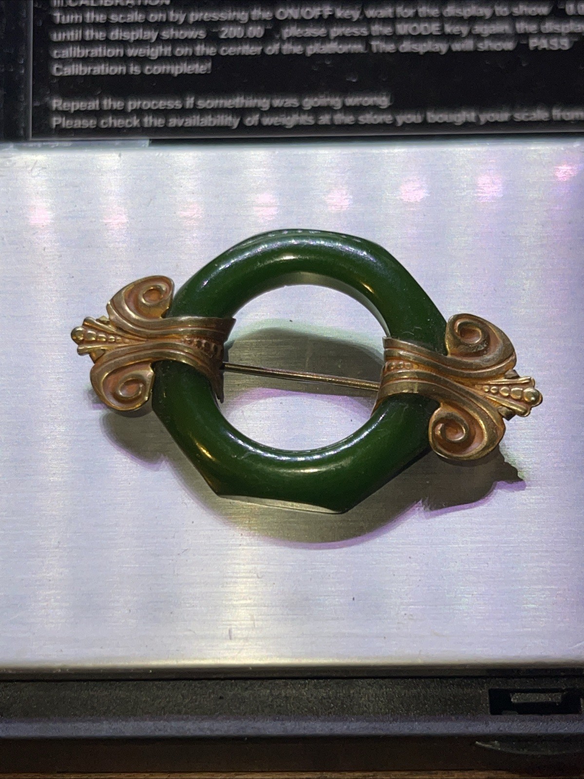 Vintage Early 20th Century Brass Bakelite Pin in Vivid Green