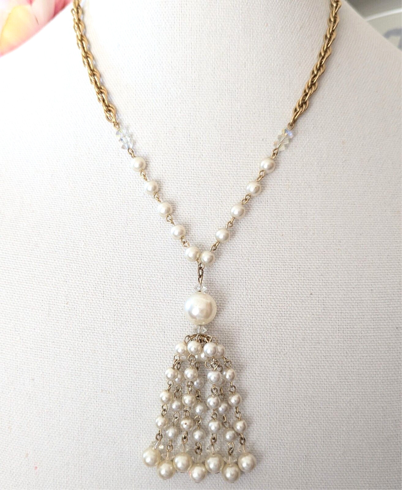 Tassel Fringe Pendant Necklace Faux Pearl Vintage Layered Art Deco Style Jewelry