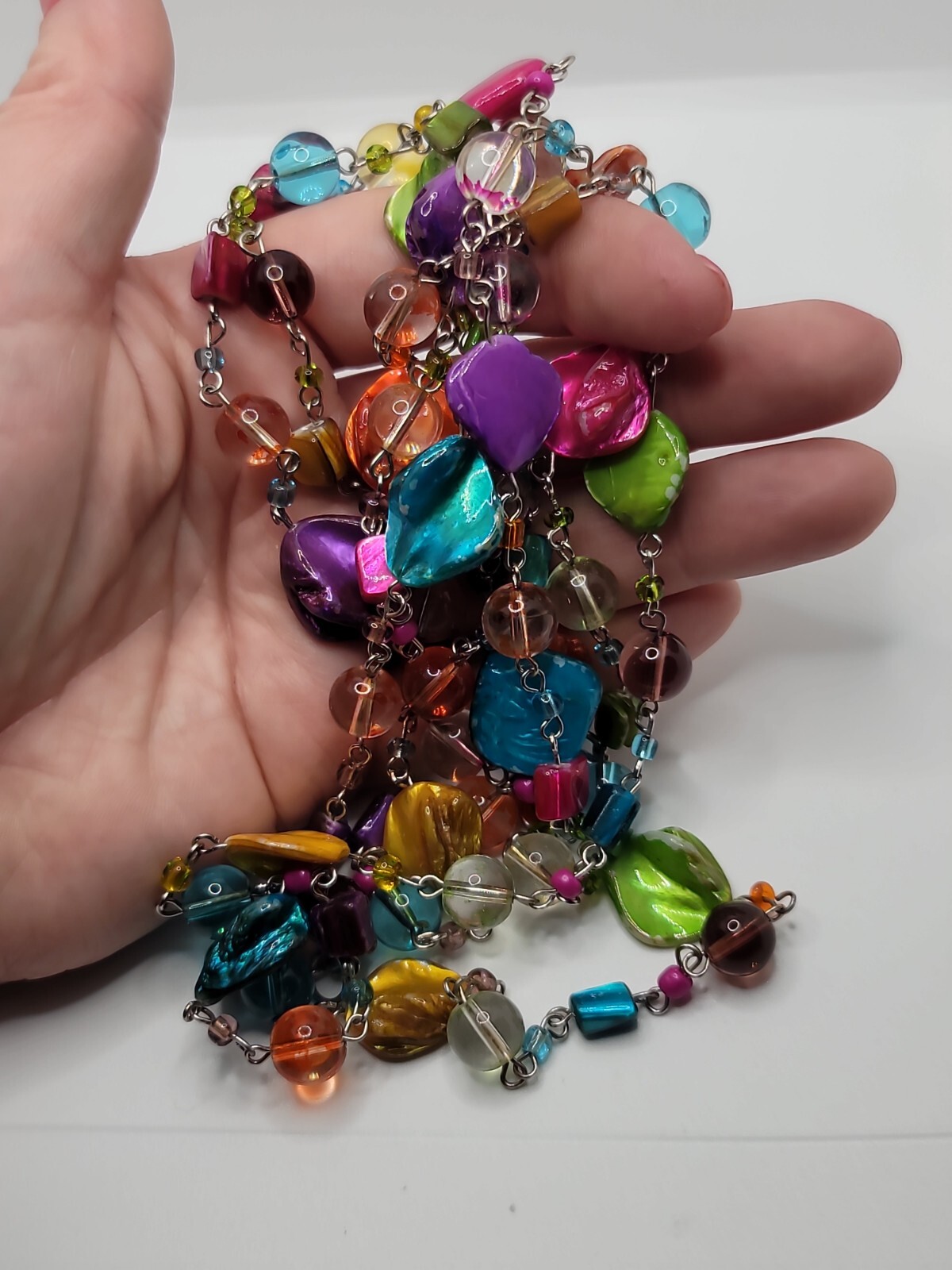 71″ Vintage Wear Repair Craft Multicolored Glass And Shell Necklace