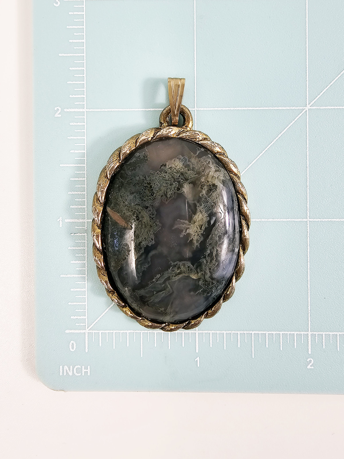 Bronze Tone Oval Moss Agate Cabochon Pendant Victorian Revival Boho Retro