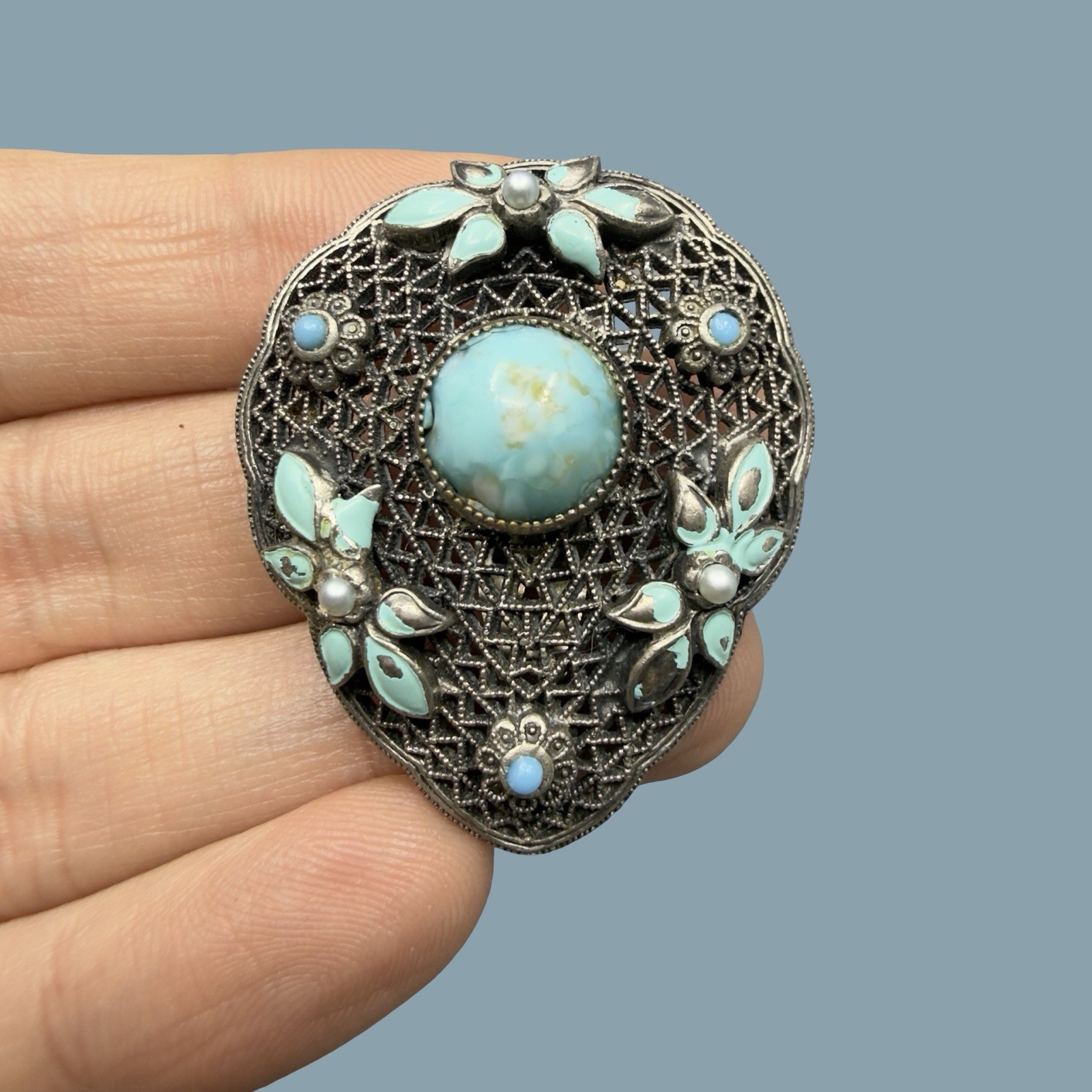 Antique Czech Glass Filigree Enamel Turquoise Blue Fur Dress Clip Brooch NEIGER?