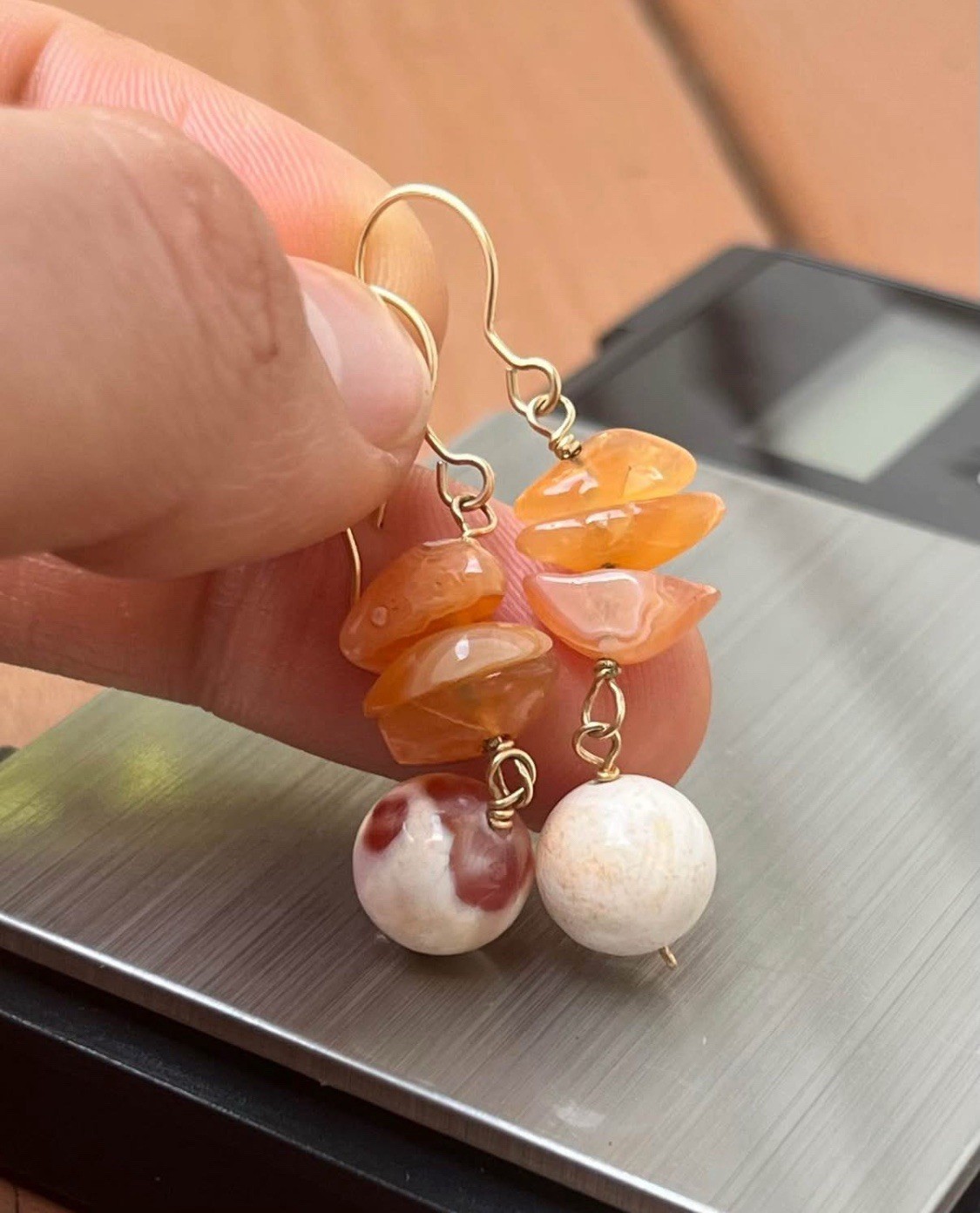 14K GF 🍊 Orange Cream Marble Dangle Gemstone Vintage Gold Filled Earrings