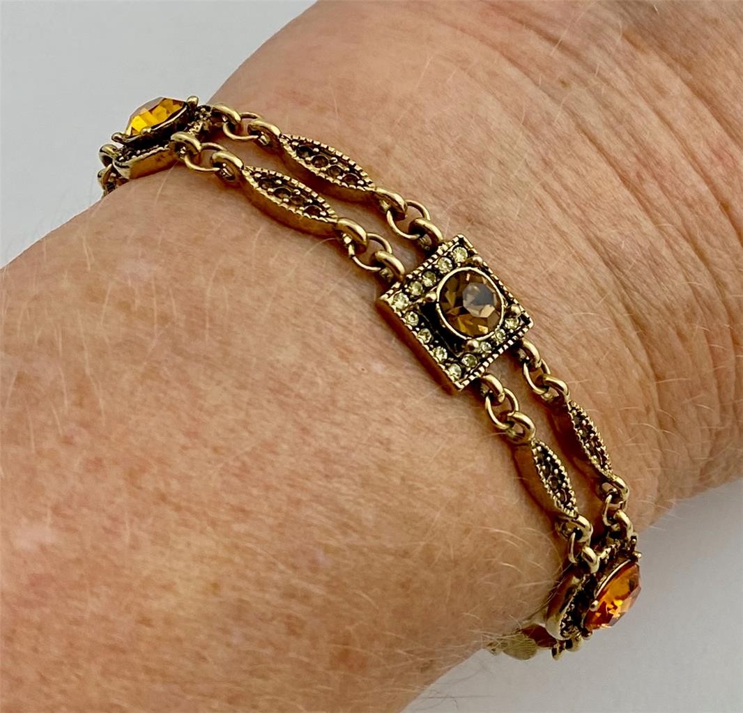 Premier Designs Retired Honey Amber Crystals Gold T Chain Station Bracelet 7.5″L