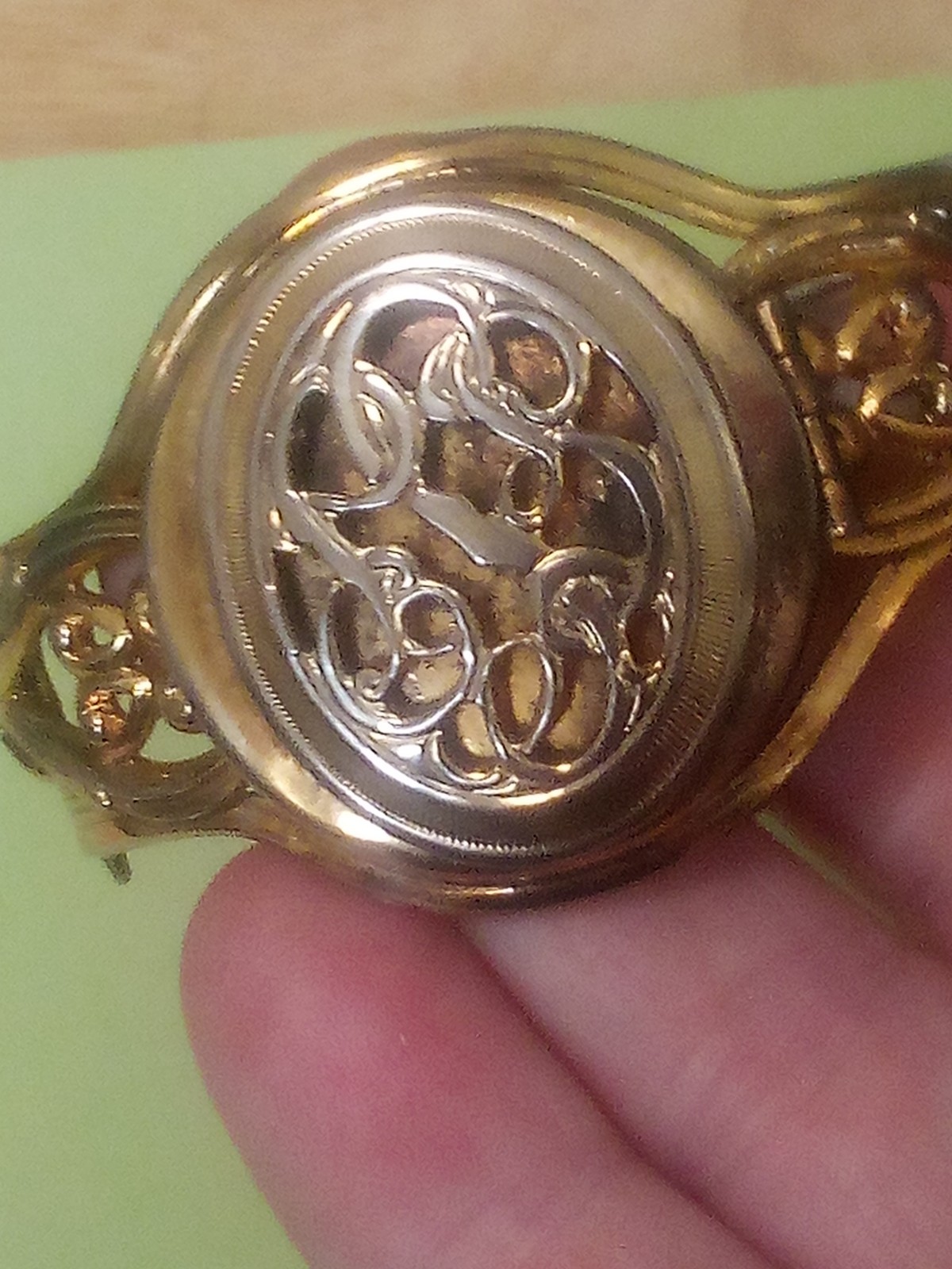 Stellar vintage gold-filled ornate filigree cuff hinge open locket bracelet