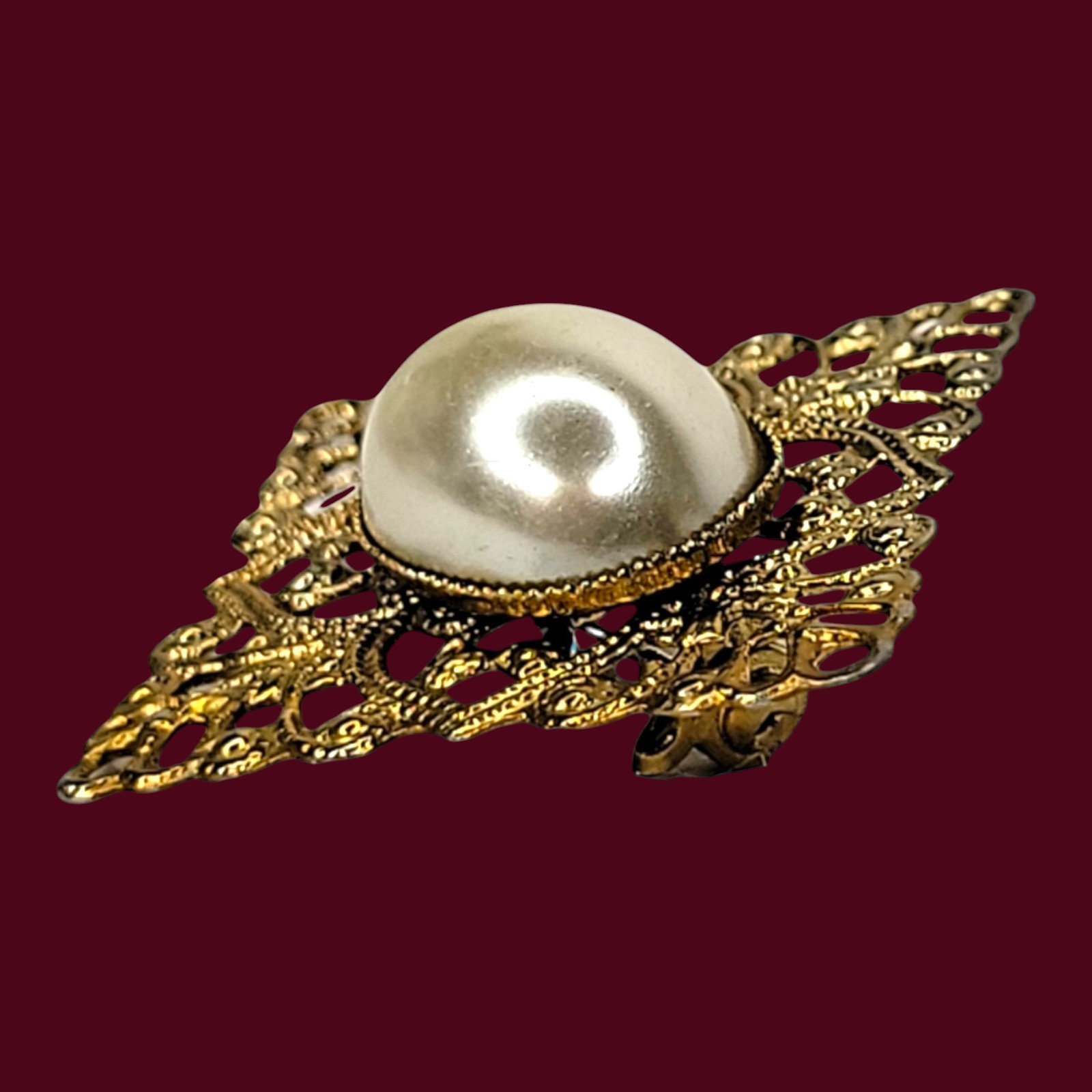 Filigree Brooch Pin Vintage Large Oval Simulated Pearl Gold Tone Diamond Shape