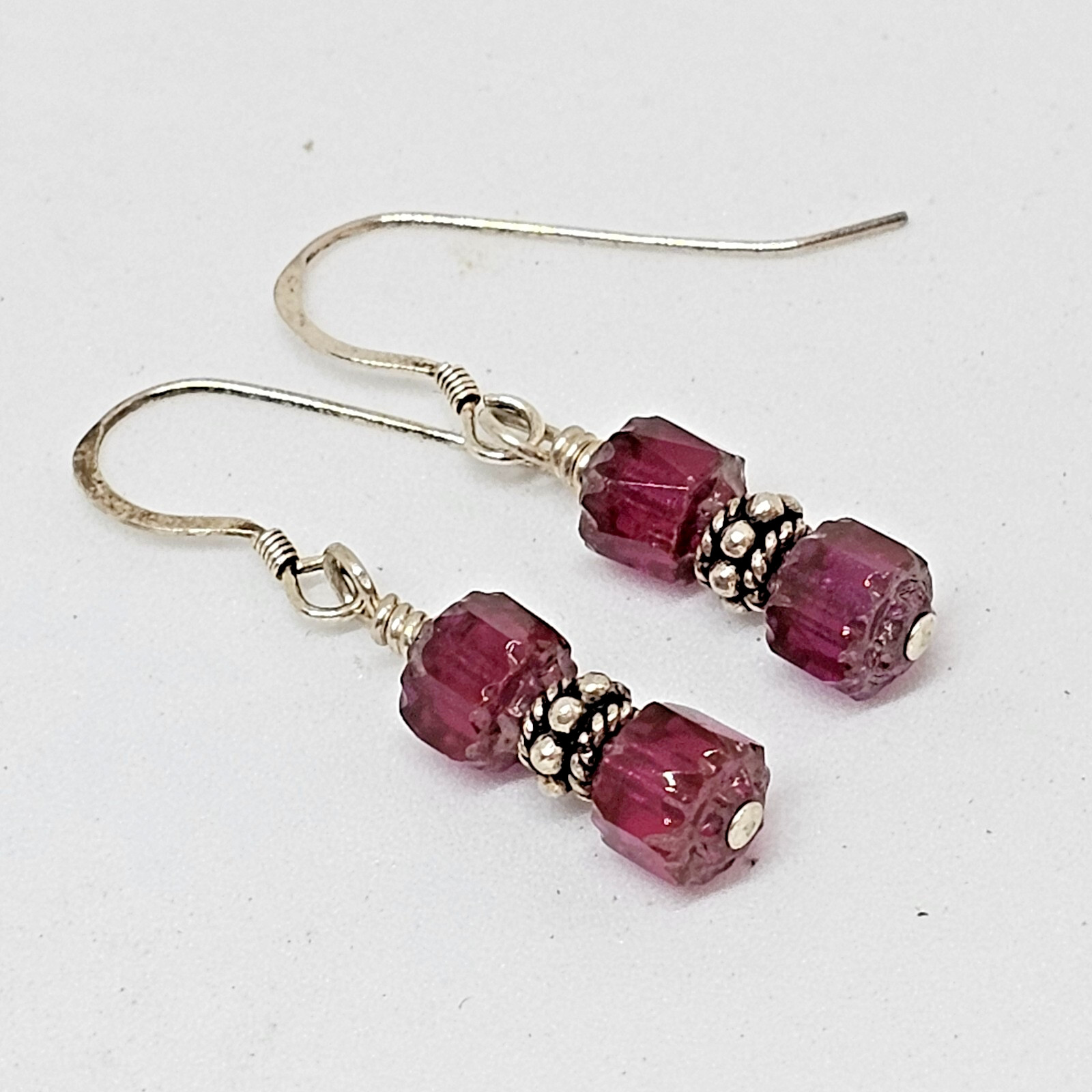 925 Sterling Silver – Fuchsia Red Glass Crystal Bead Drop Dangle Earrings