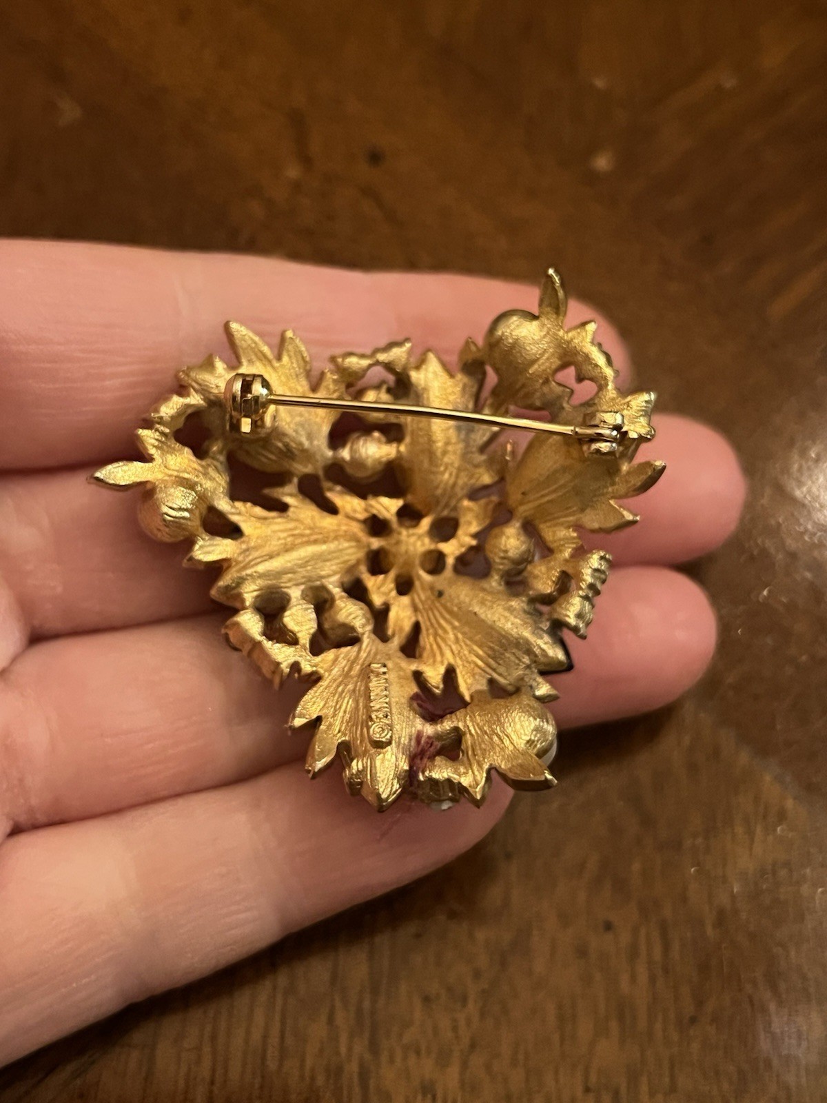 Vintage D’Arne Faux Pearl & Rhinestone Floral Cluster Brooch Gold Tone Signed!