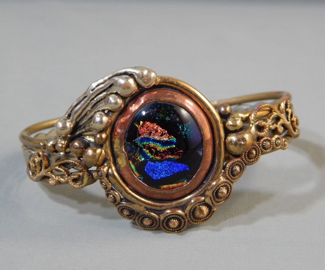 Vintage Handmade Brass Silver Copper Dichroic Glass Brutalist Modernist Bracelet