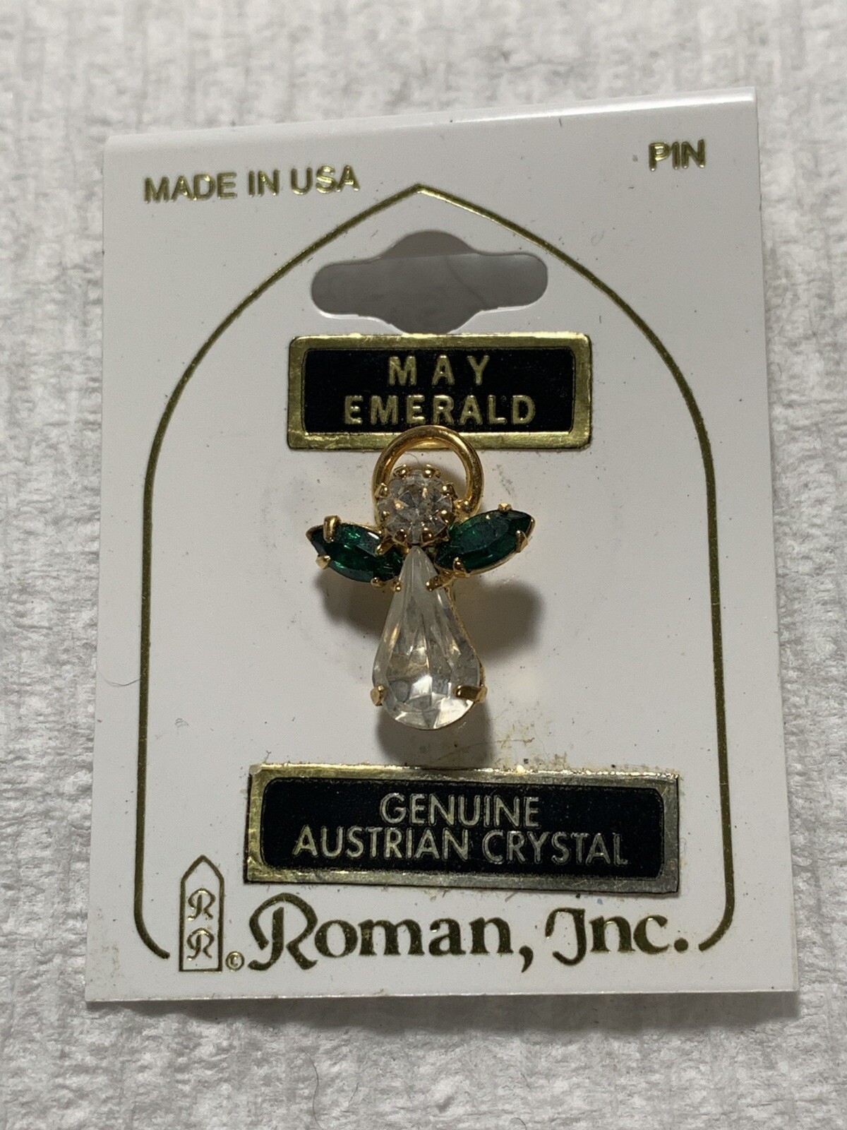 Vintage May Rhinestone Green Emerald Birth May Angel Pin Roman Lapel Birthstone