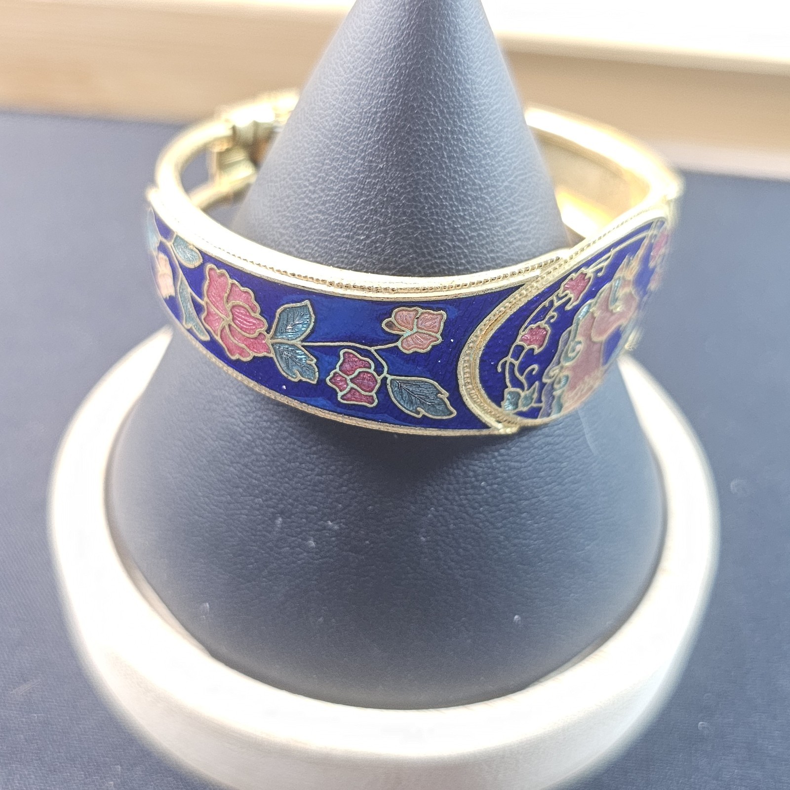 Vintage Unicorn Cloisonne Enamel Cuff Bracelet Gold Tone Clamper Hinged/Butterfl