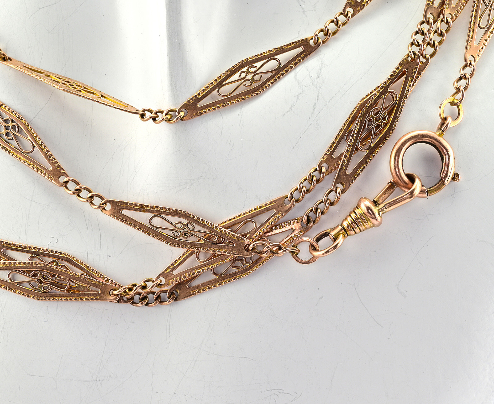 Art Nouveau Filigree Lozenge 61.41inches 9 KT Rose Gold Long Chain