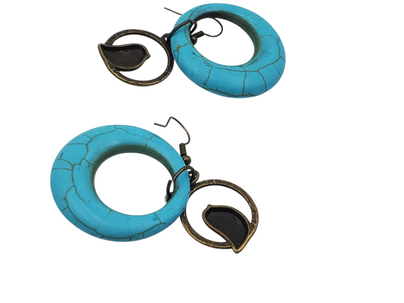 Vintage Brass and Blue Dyed Howlite Circles Dangle Bird Hook Pierced Earrings
