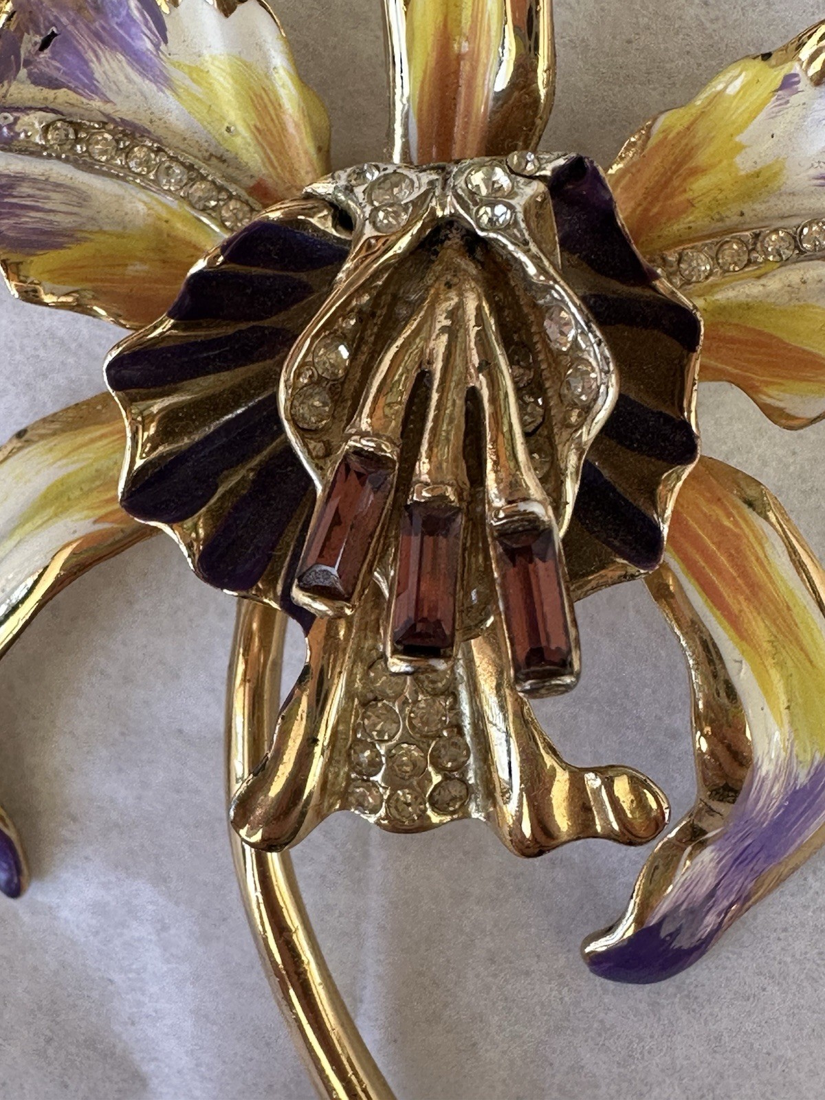 Coro Craft Vintage Pin Orchid Purple & Yellow Enamel Leaves Rhinestone Sterling