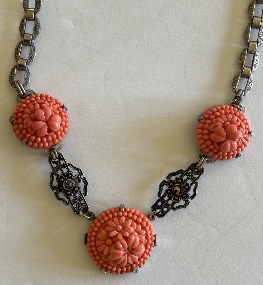 1930’s Deco Sterling Marcasite Coral Glass Necklace Flowers 16”