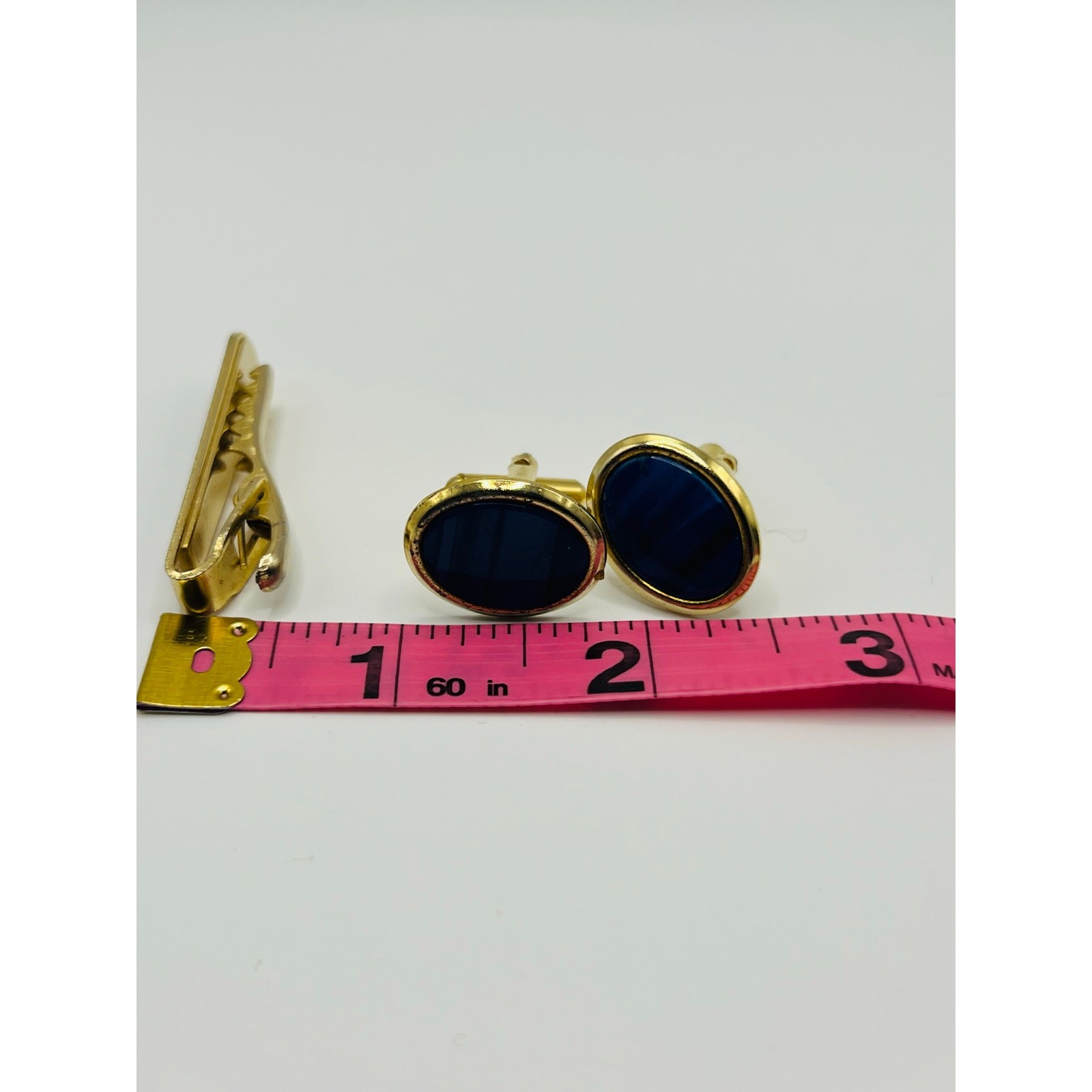 Vintage Gold Tone Blue Oval Cufflinks & Tie Clip Set | Mid Century Men’s
