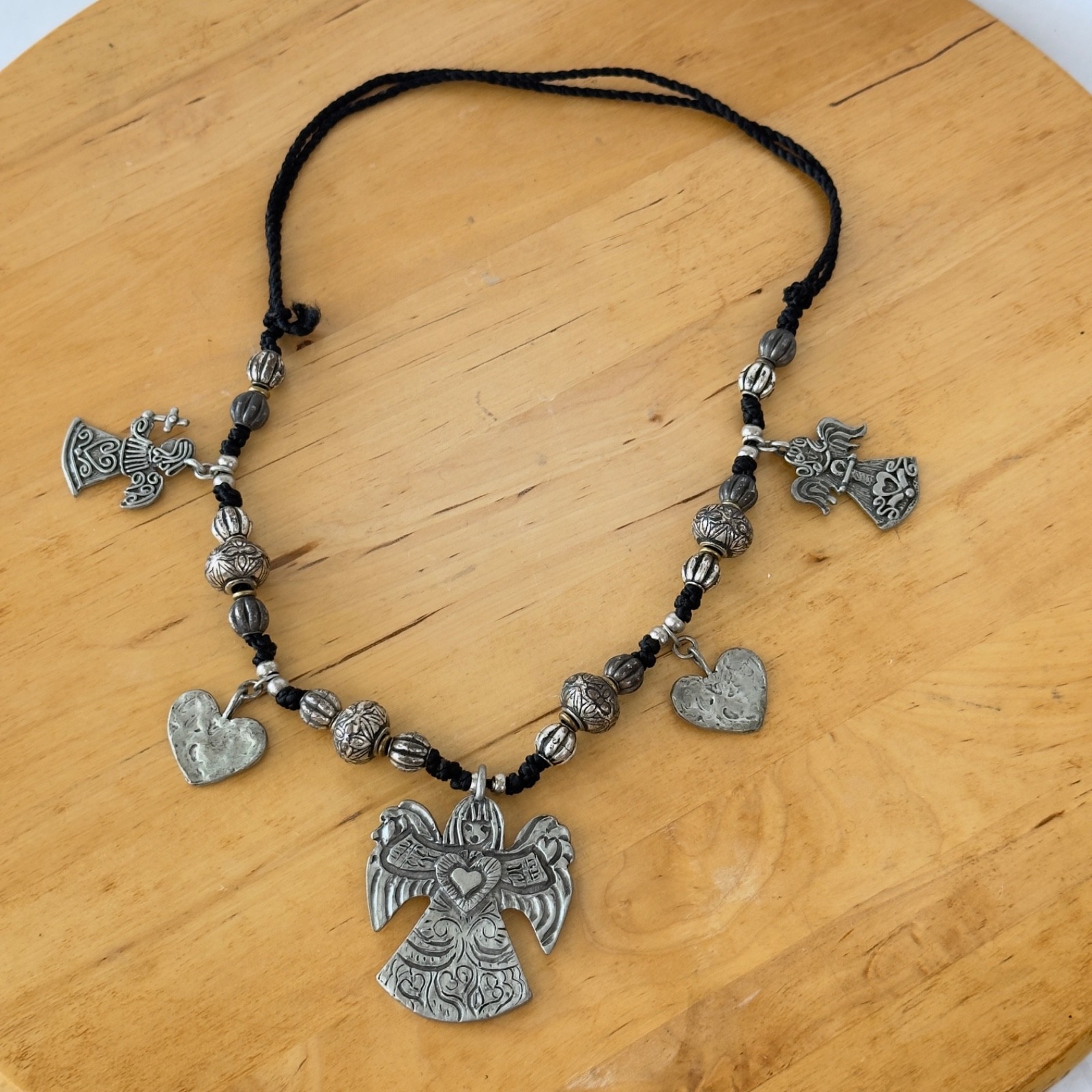 Vintage Signed MARCIE Beaded Pewter 3 Angels Cord Necklace Faith, Hope & Charity