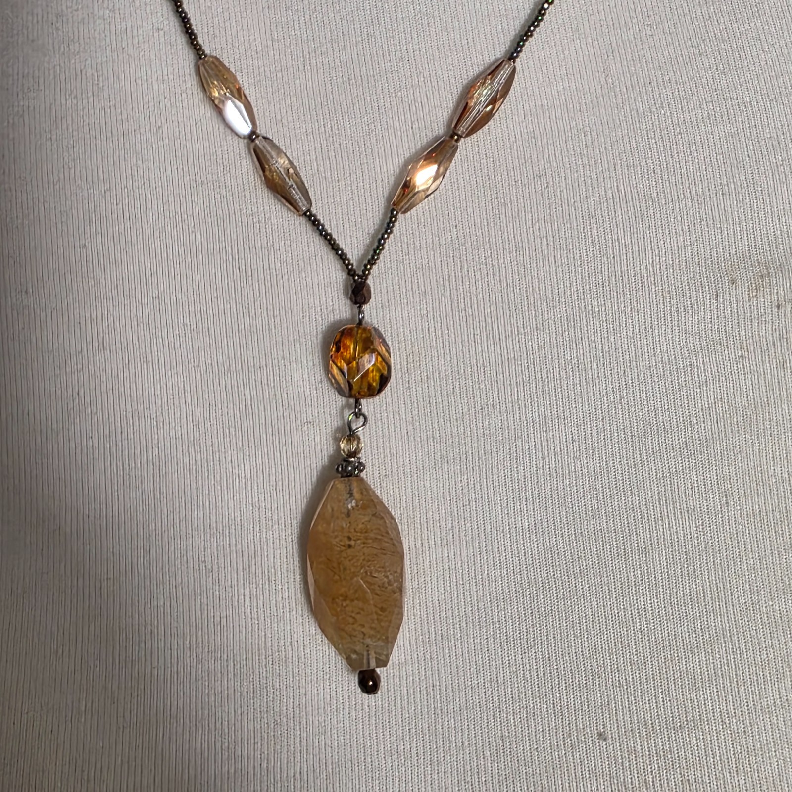 Beaded Lariat Necklace Large Irregularly Shaped Stone Earth-Tone Mix of Beads