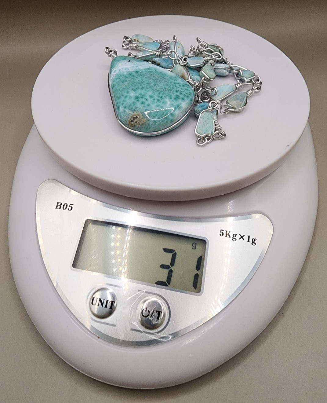 Massive Natural Larimar Teardrop Pendant Necklace Wire Wrapped Freeform Links