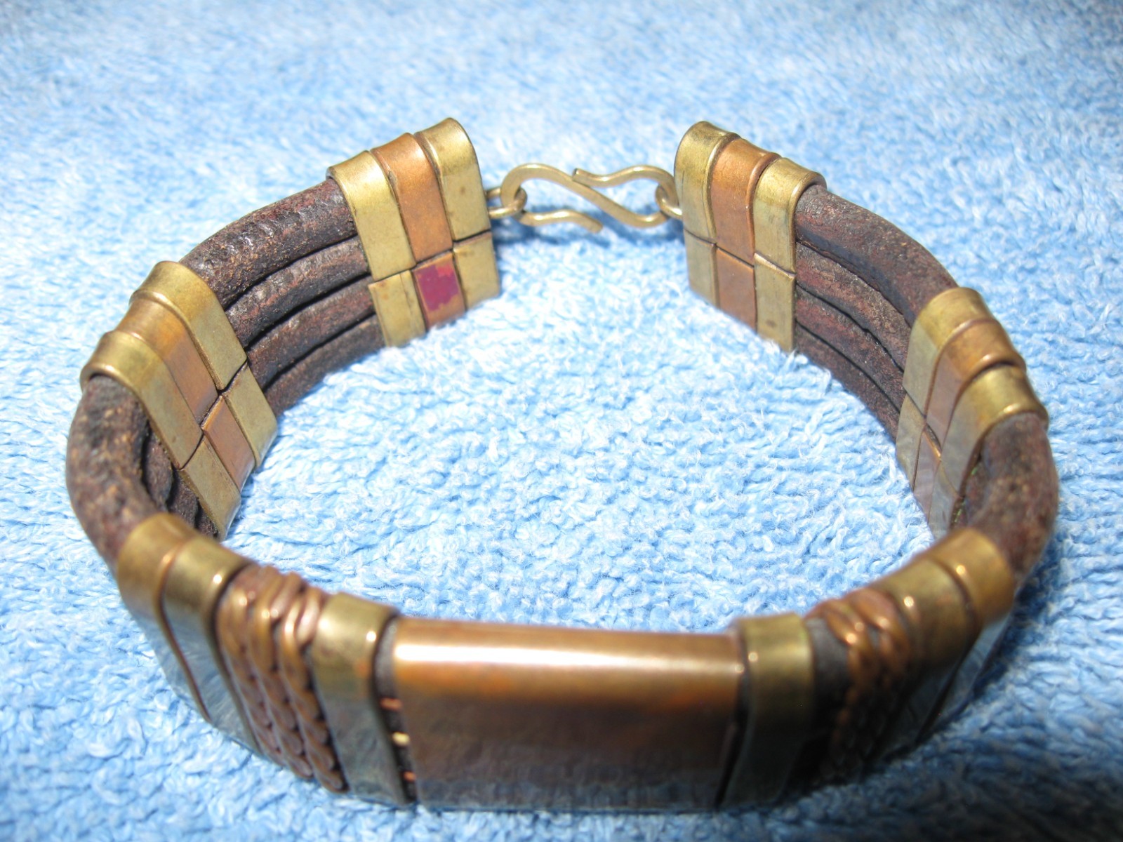 Leather & Brass Bracelet w/Hook Clasp, 3/4″ wide x 3″ Diameter Artisan Made