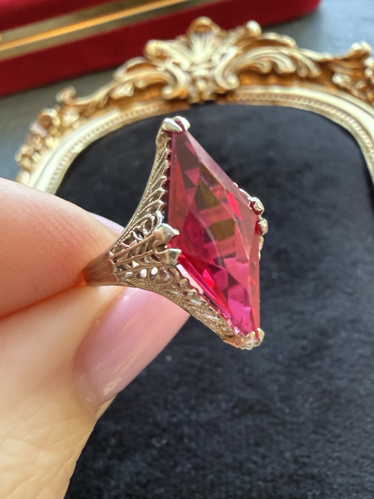 Antique Art Deco 14k White Gold Filigree Ring with a Kite Cut Ruby lab created