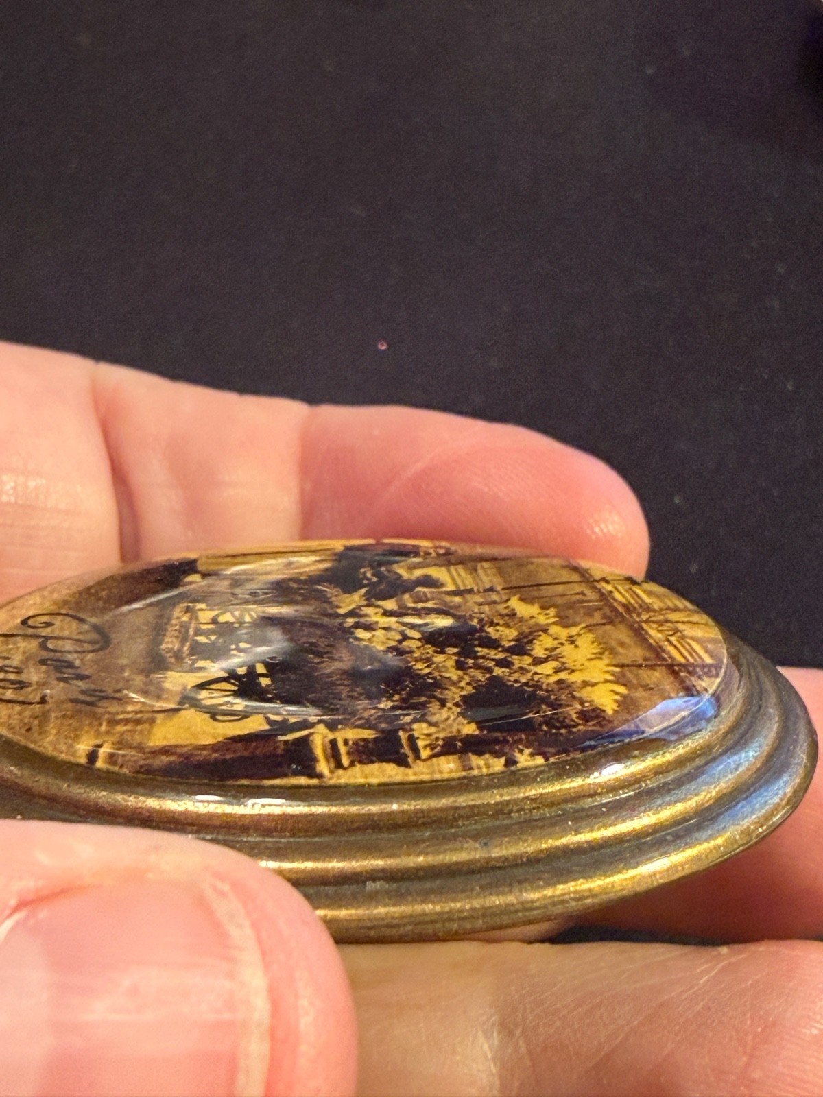 Antique Brooch w/ Picture of Flower Cart & Woman Dated Paris 1907 w/ Black Stone