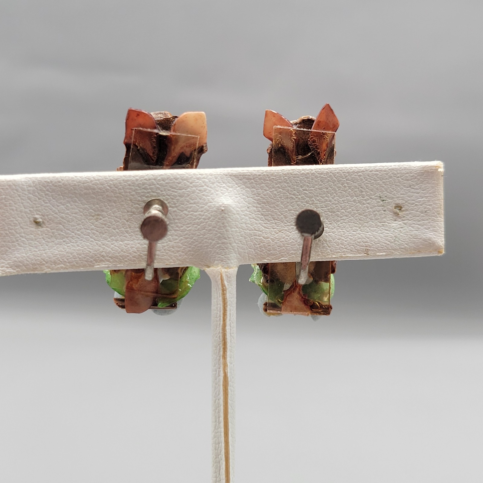 Vintage Owl Shell Clip On Earrings Hand Painted Figural 1960s Novelty