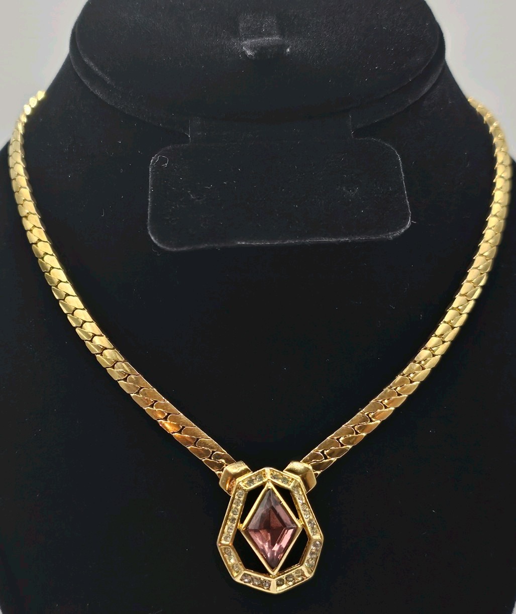Vintage Christian Dior Gold Tone Necklace w/Purple Lozenge Cut Stone