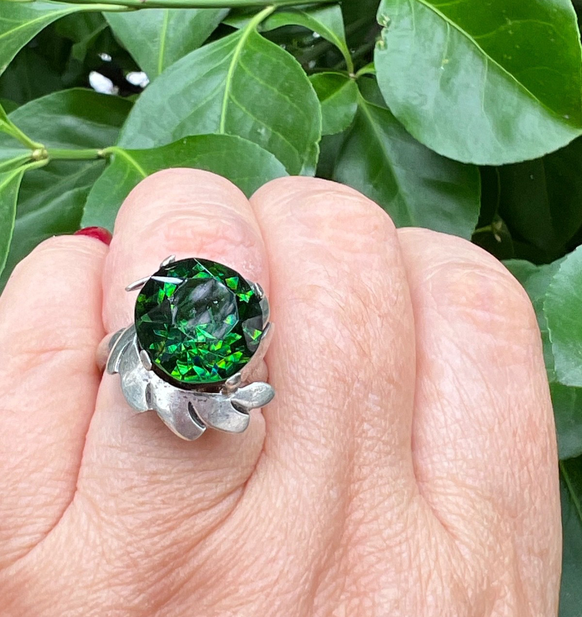 VINTAGE LARGE ROUND GREEN PASTE GLASS RHINESTONE RING 925 STERLING SLVER MEXICO