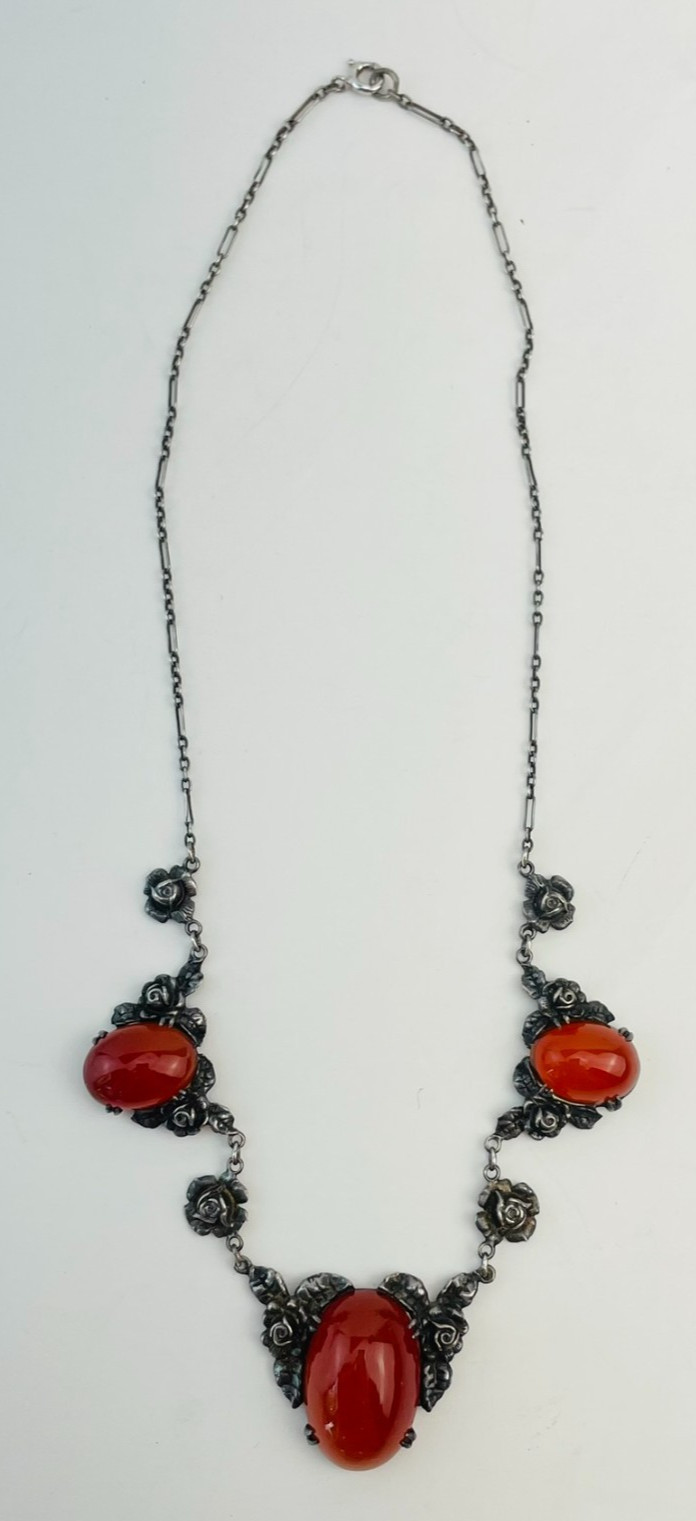 Art Deco Wachenheimer Sterling Silver Carnelian Festoon Choker Pendant Necklace