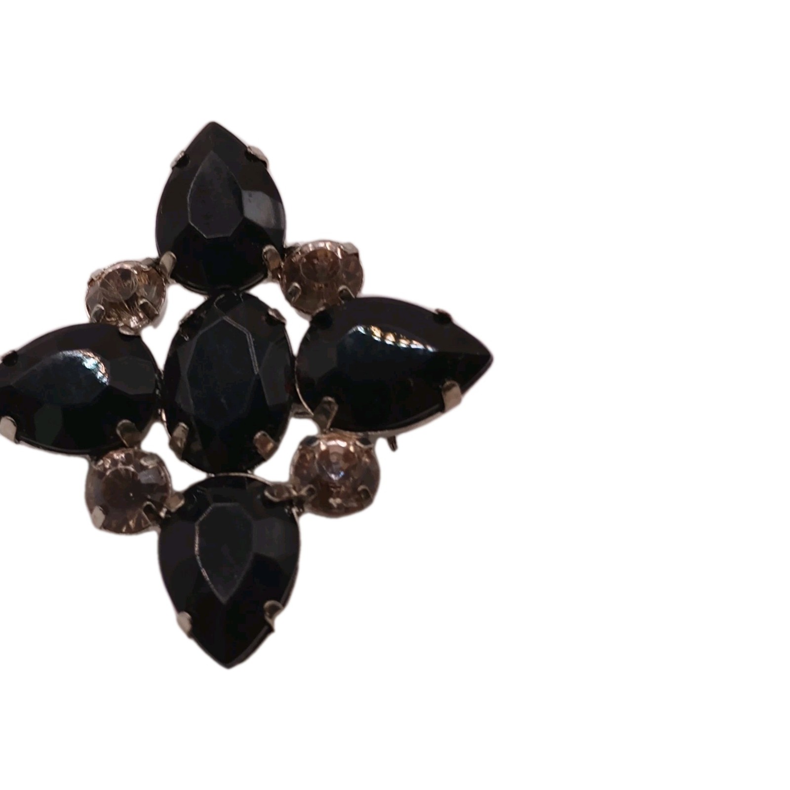 Vintage Black Smoky Rhinestone Floral Brooch Cluster Prong Set Pin 1 3/4 D