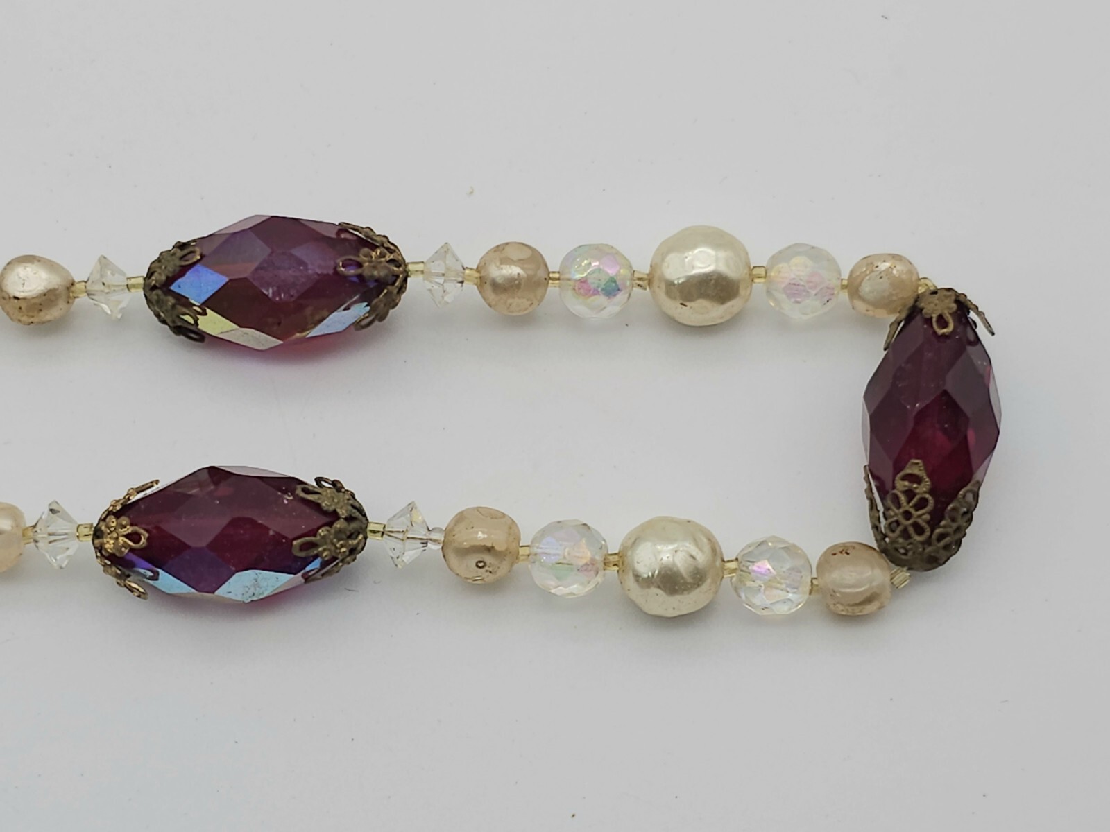 Vintage Faux Pearl Faceted Iridescent Red Clear Beaded Necklace 24-in