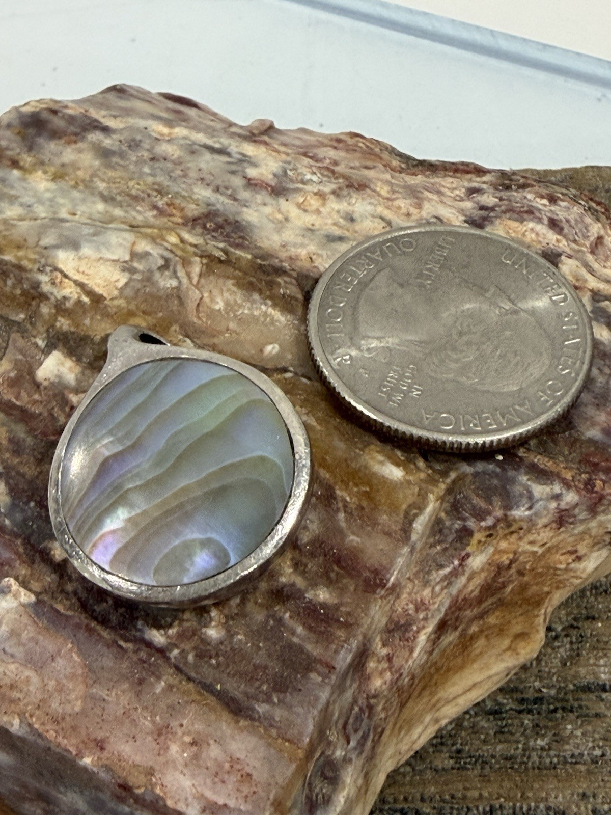Vintage Sterling Silver Iridescent Abalone Paua Shell New Zealand Boho Pendant