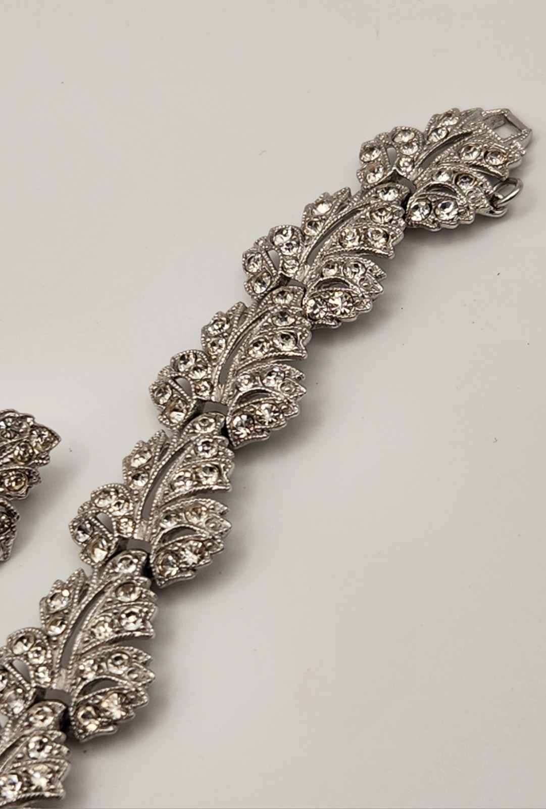 Vintage ORA Rhinestone Bracelet Clip Earrings Set Signed Silver Tone Bridal Glam
