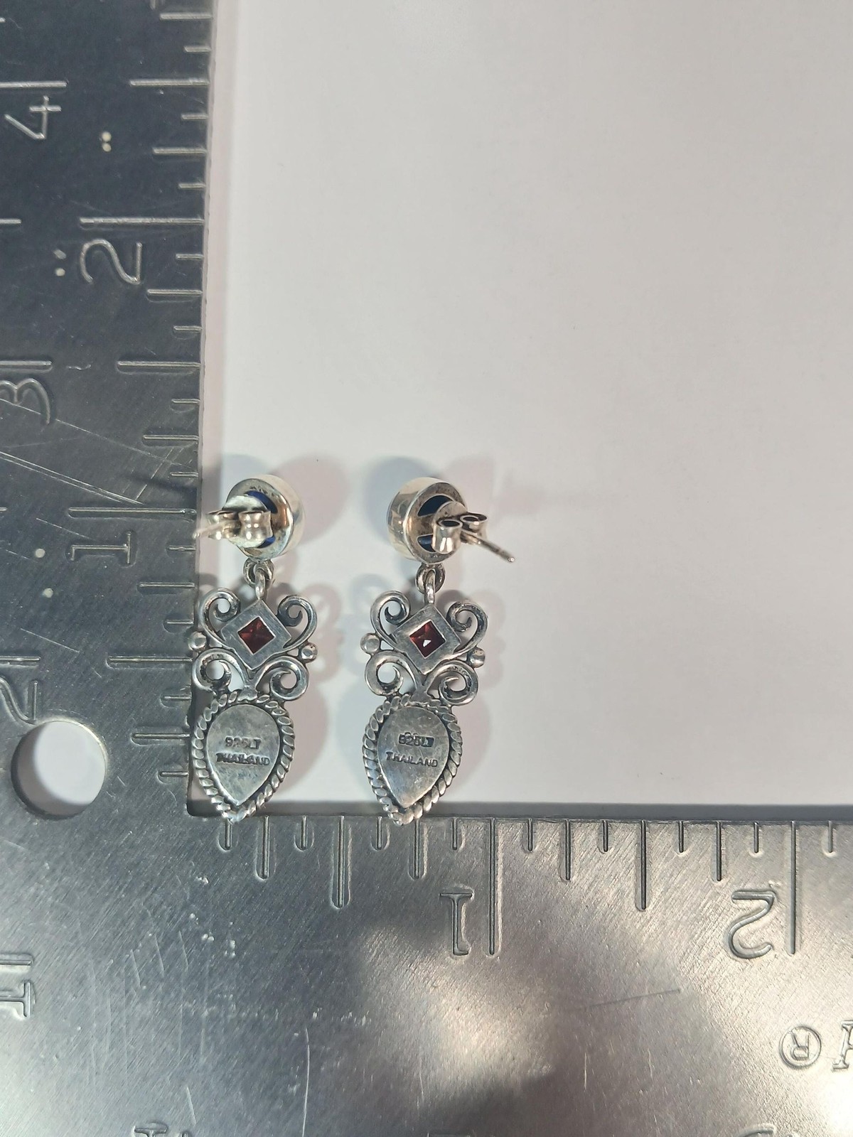 Vintage Sterling Silver 925 Thai Blue Iolite Lapis Lazuli Garnet Dangle Earrings