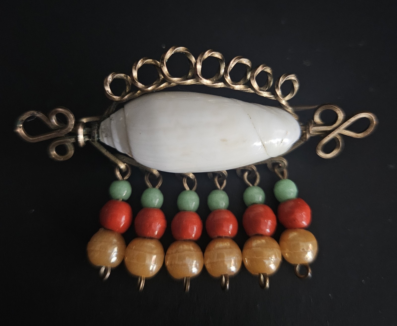 Antiique Shell Brooch Pin Wire Wrapped Glass Beaded Dangles Circa 1920