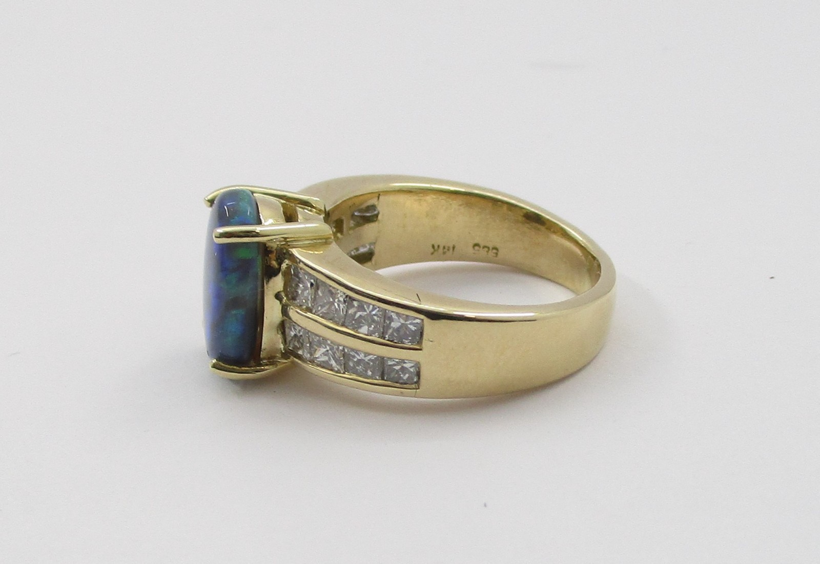 1.52CT Black Opal 0.88CTW Princess Cut Diamond Ring 14K Yellow Gold Size 4