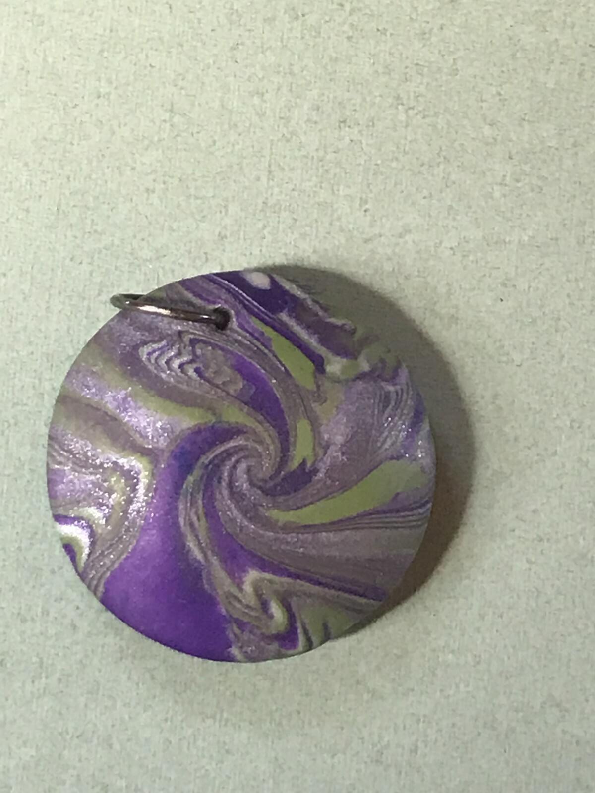 Handmade Swirly Purple White & Green Puffy Circle Polymer Clay Pendant – 1 and 3