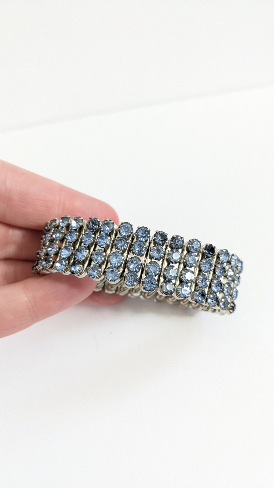 Light Blue Rhinestone And Silver Toned Expanding Bracelet Vintage