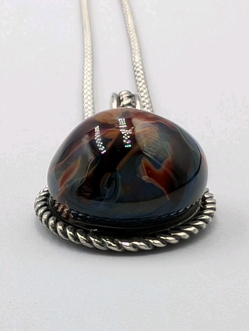 Vtg Sterling Silver Multi Color Art Glass Dome Pendant 18″ Popcorn 925 Necklace