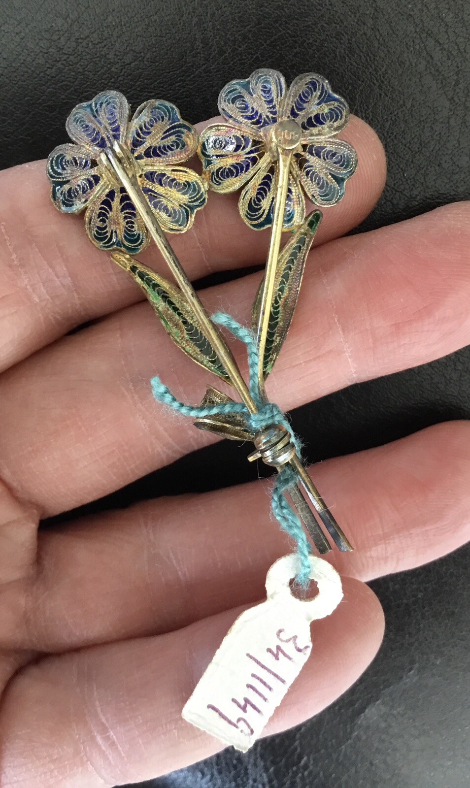 800 SILVER ITALIAN PLIQUE A JOUR ENAMEL FLOWERS PIN BLUE,LIME,GREEN-ORIGINAL TAG