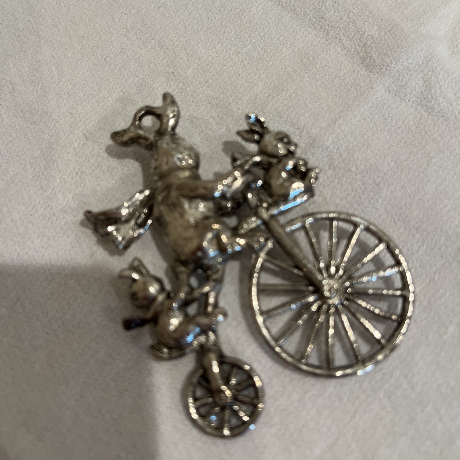 Vintage 2005 Bunny Trio On Penny-Farthing Type Bicycle 2” Pewter Pendant