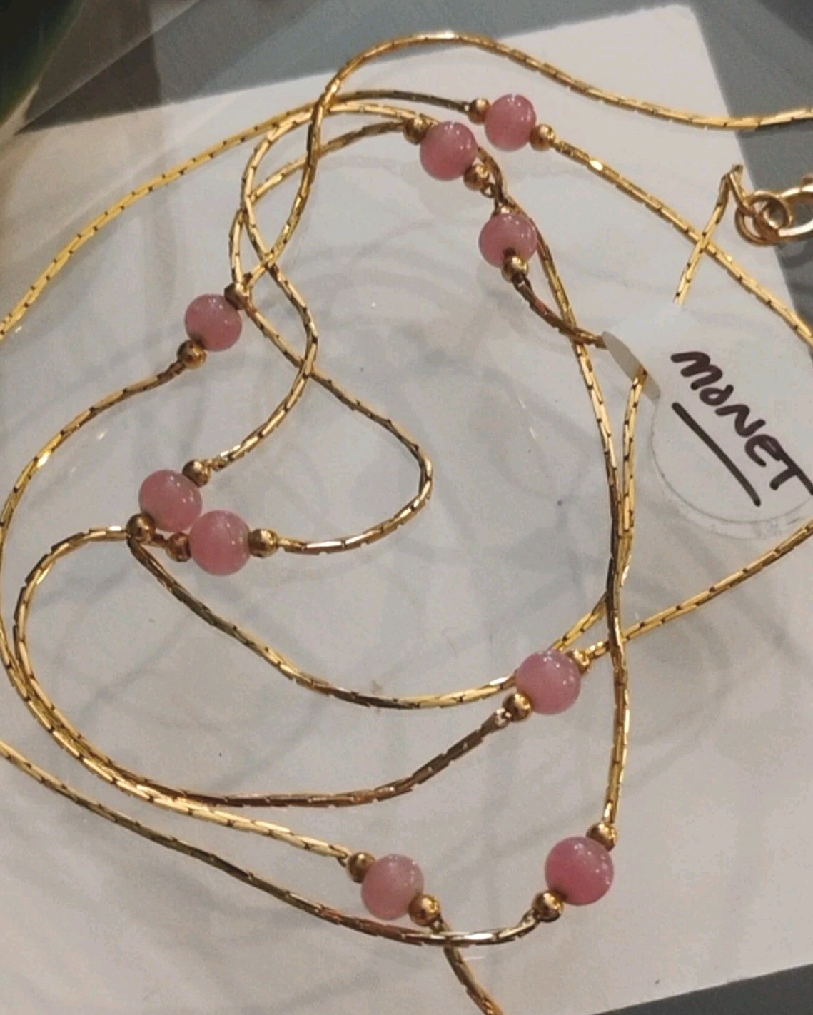 Vintage MONET Gold Tone Dainty Pink Stone (Quartz?) Station 20″ Long Necklace!
