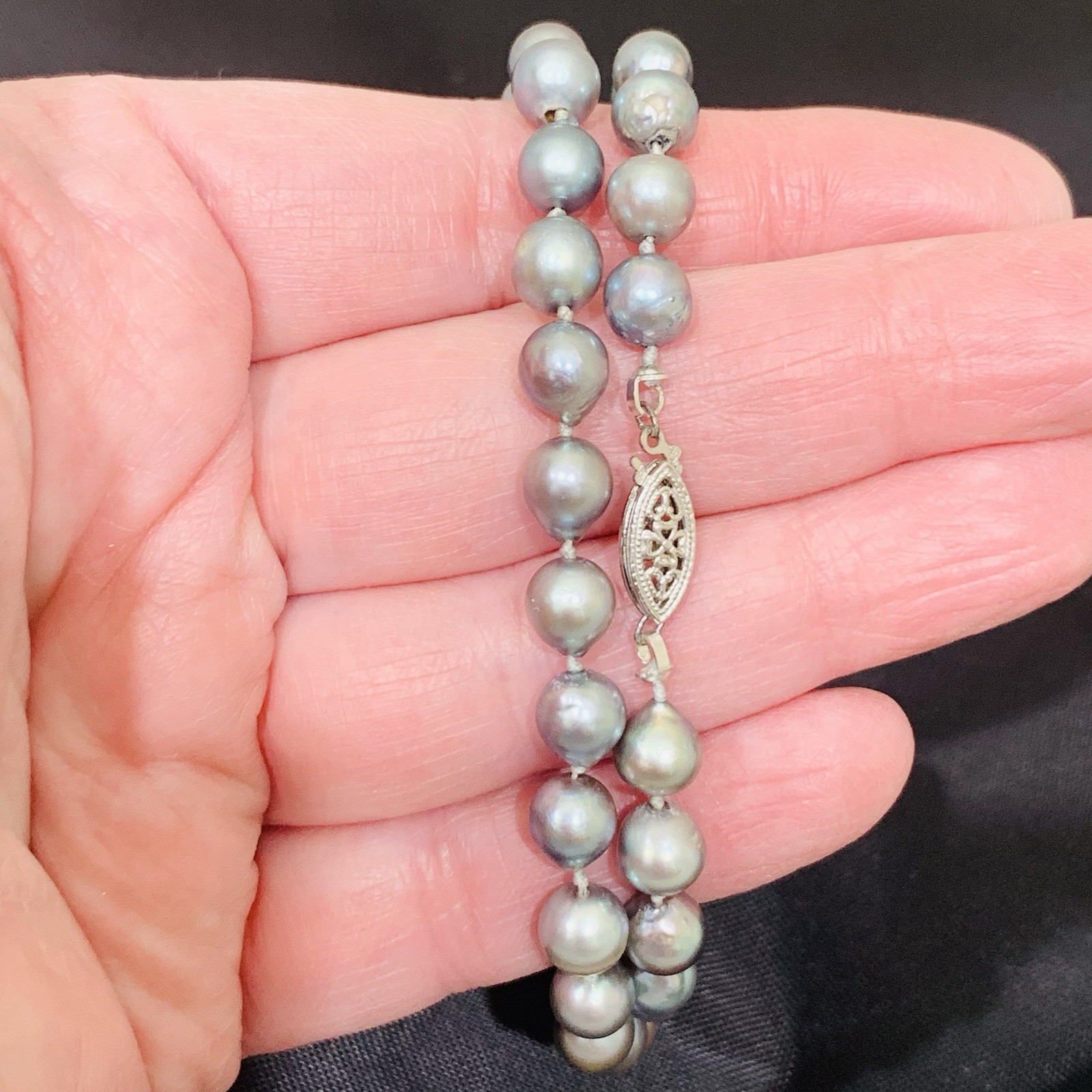 VTG BLUE AKOYA PEARL Necklace SET 10k WG 7mm Baroque Saltwater Pin 3″ SILVER 19″