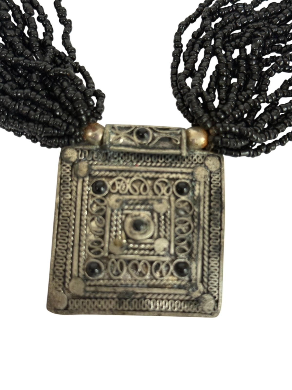 Vintage Multistrand Black Beaded Necklace With Ornate Square Silver-Tone Pendant